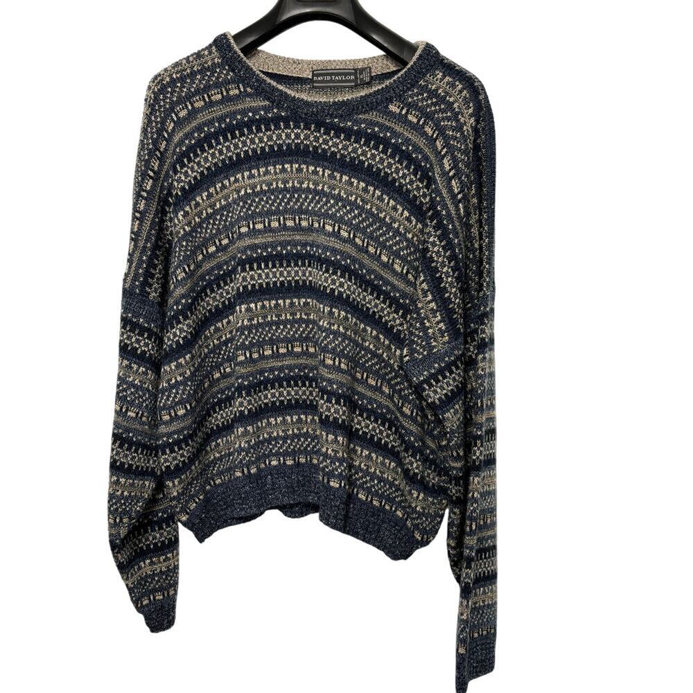 David Taylor Vintage Sweater Crewneck XL Grandpa Preppy Boxy Blue Tan